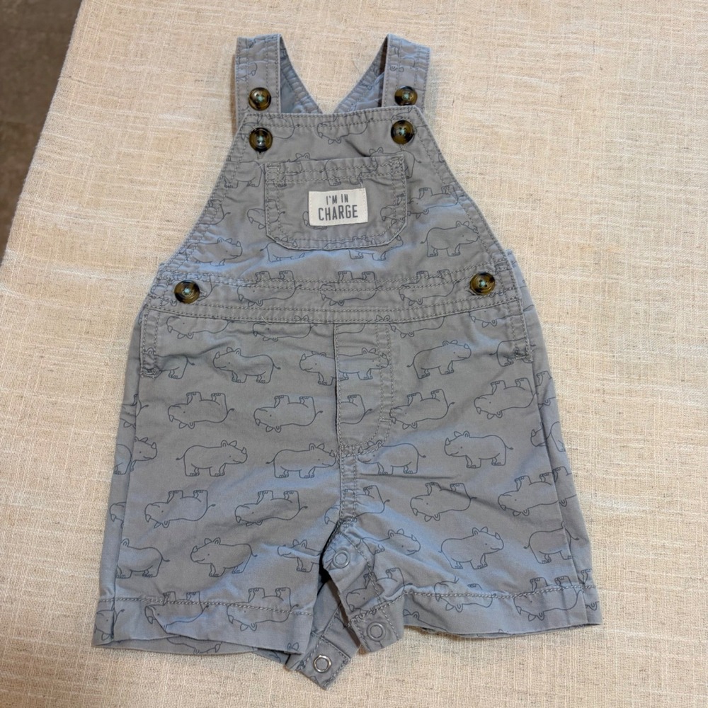 Just One You by Carters Baby Boy Rhino‎ Print Gray Overalls Romper 3M Sleeveless